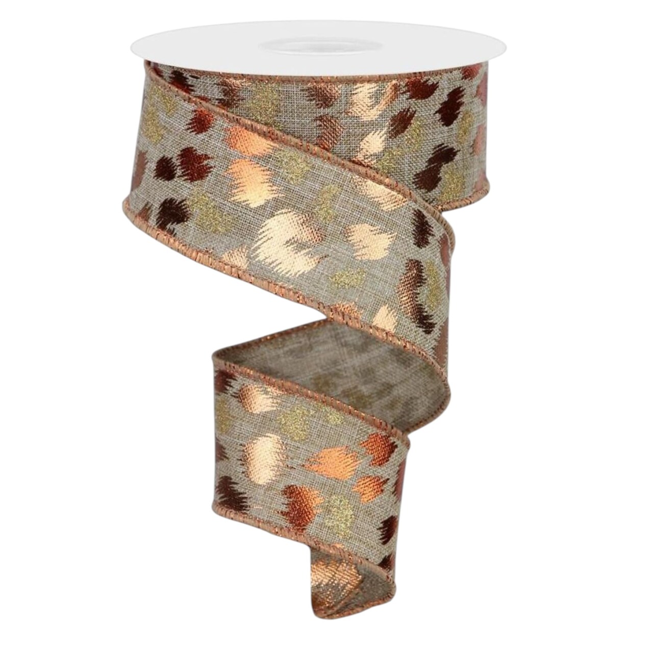 RG Ribbon: 1.5" Wired Leopard Print Ribbon with Glitter and Metallic Spots for Bows, Wreaths, Crafts, and Decorations (Light Beige, Copper, Gold, 1.5" x 10 Yards)